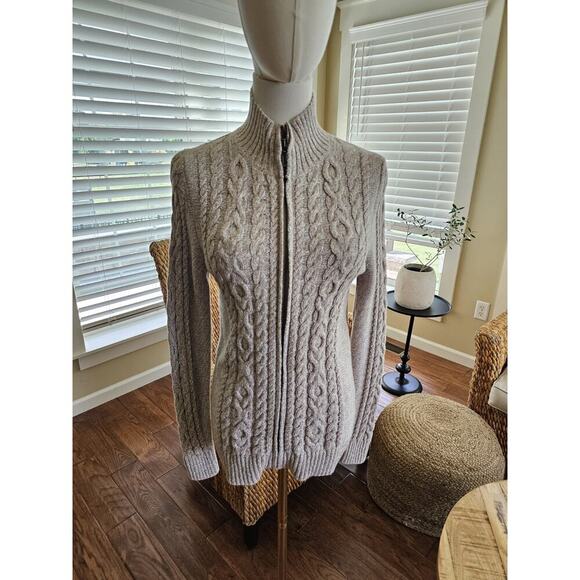 L.L Bean Cableknit Cardigan Sweater Full Zip Women's Size S Beige Preppy - Picture 1 of 8